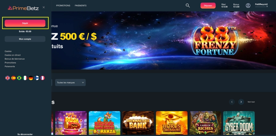 Faire un dépôt sur PrimeBetz étape1
