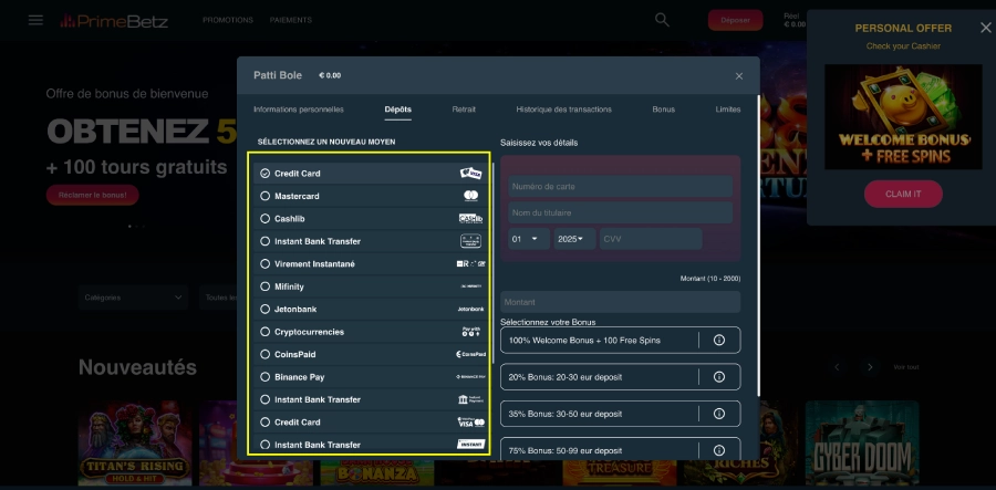 Faire un dépôt sur PrimeBetz étape2