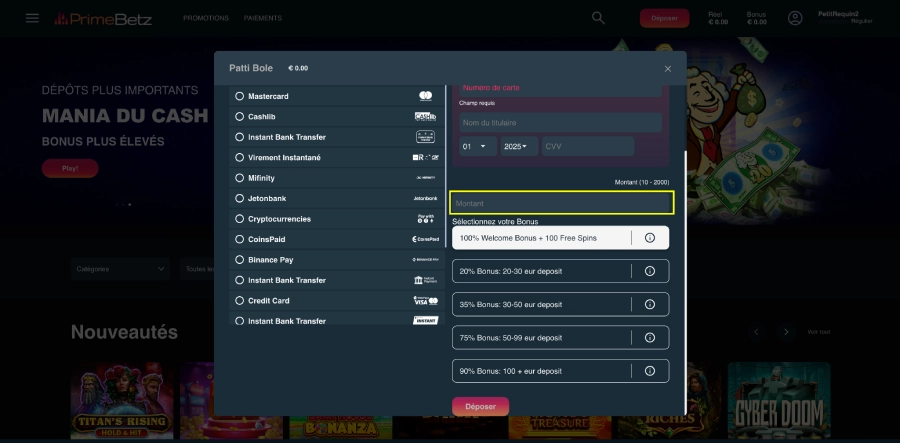 Faire un dépôt sur PrimeBetz étape3