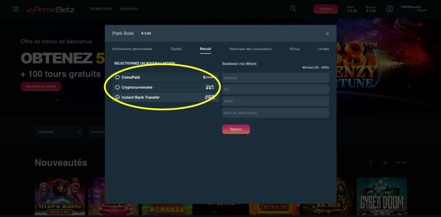 Faire un retrait sur PrimeBetz étape2