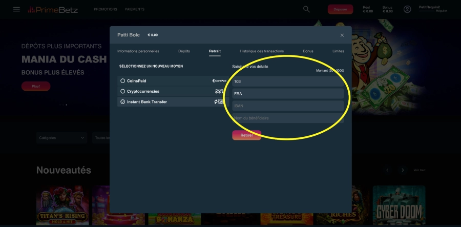 Faire un retrait sur PrimeBetz étape3