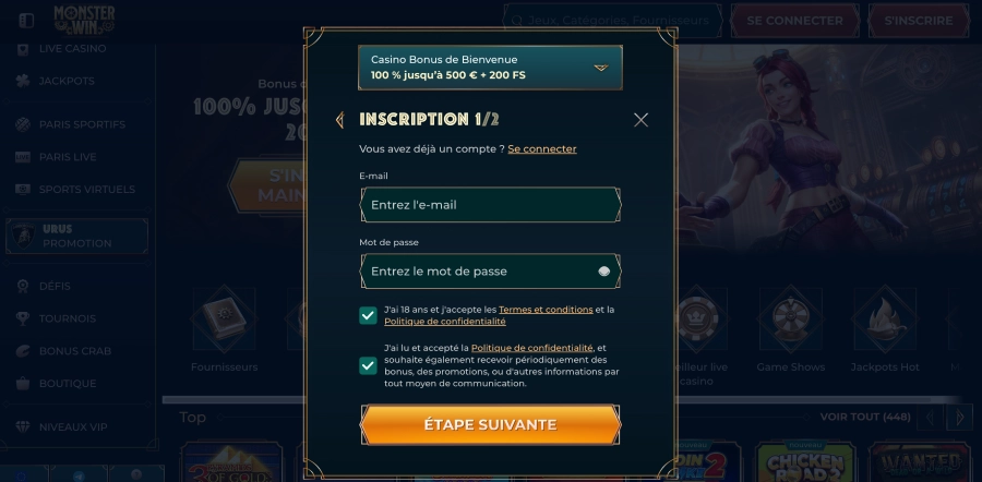Inscription Monsterwin étape3