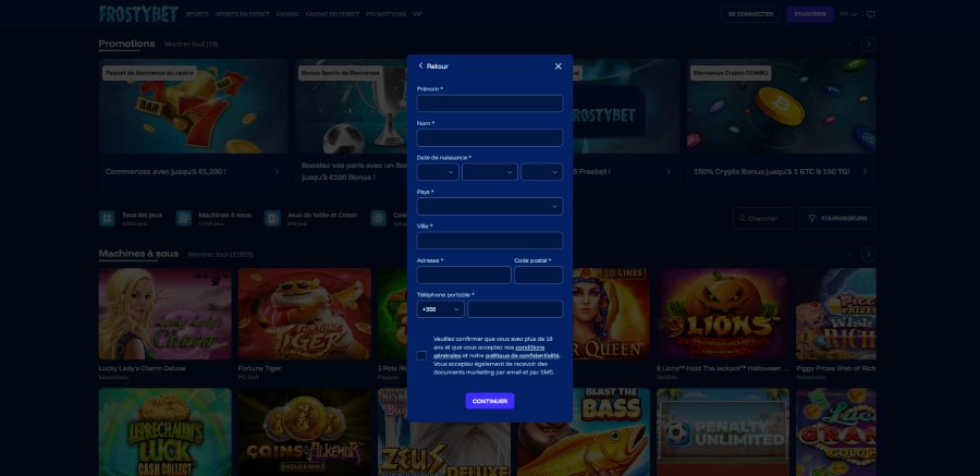 Inscription sur Frostybet étape3