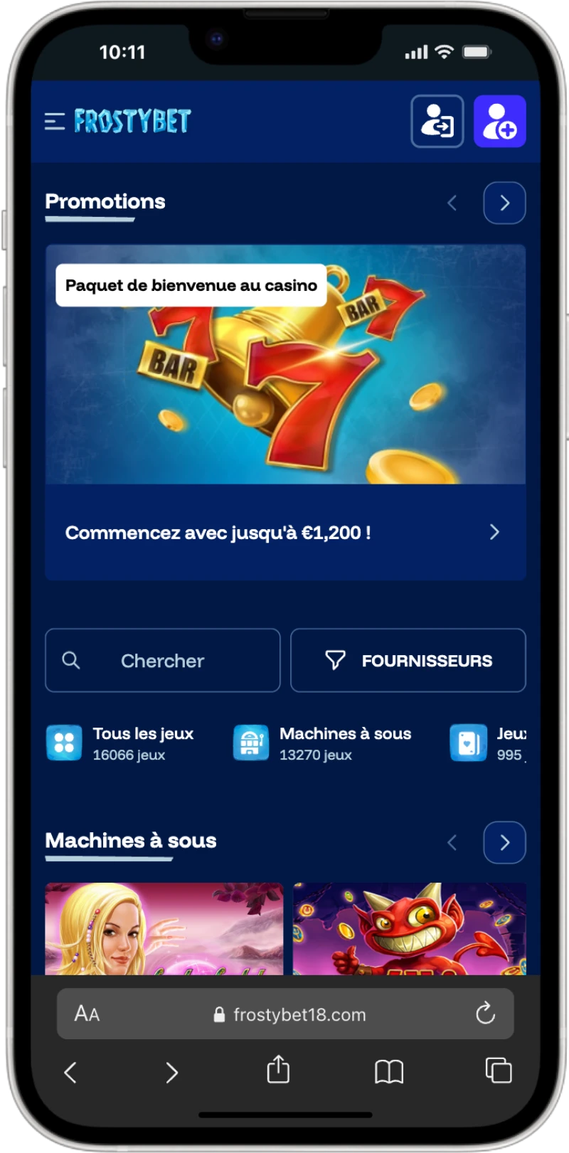 Interface mobile de Frostybet