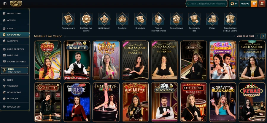 Le casino live sur Monsterwin