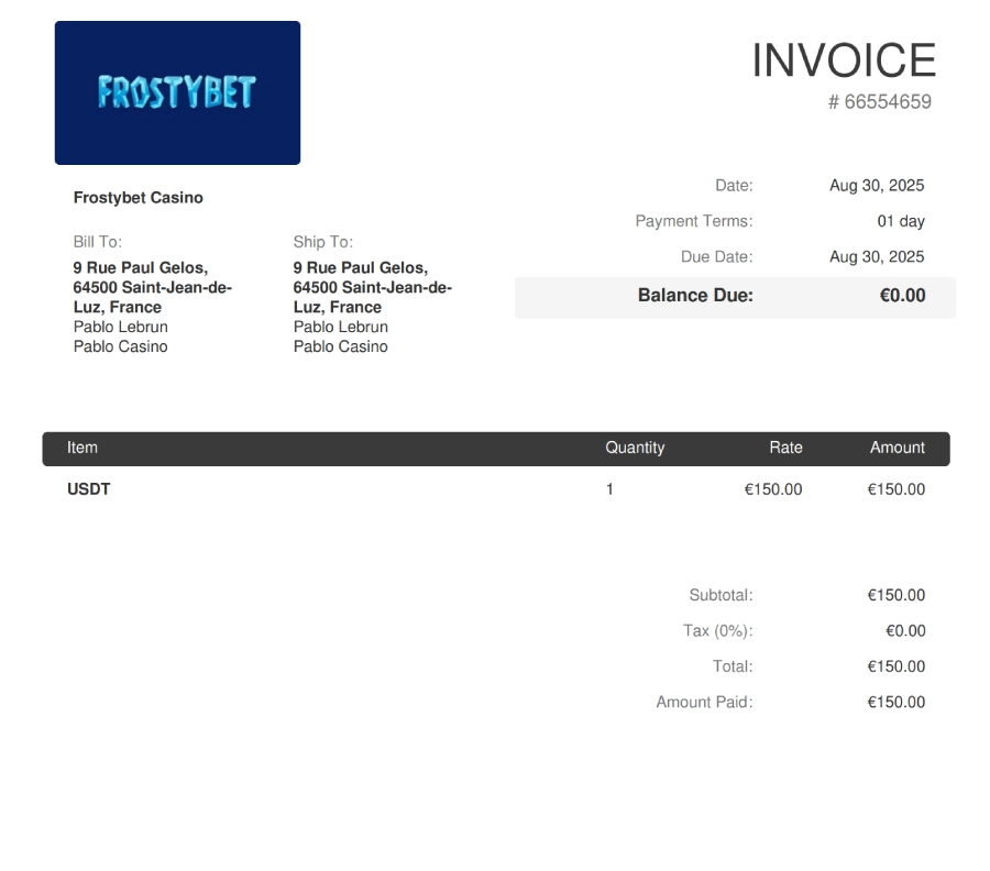 Preuve de retrait sur Frostybet