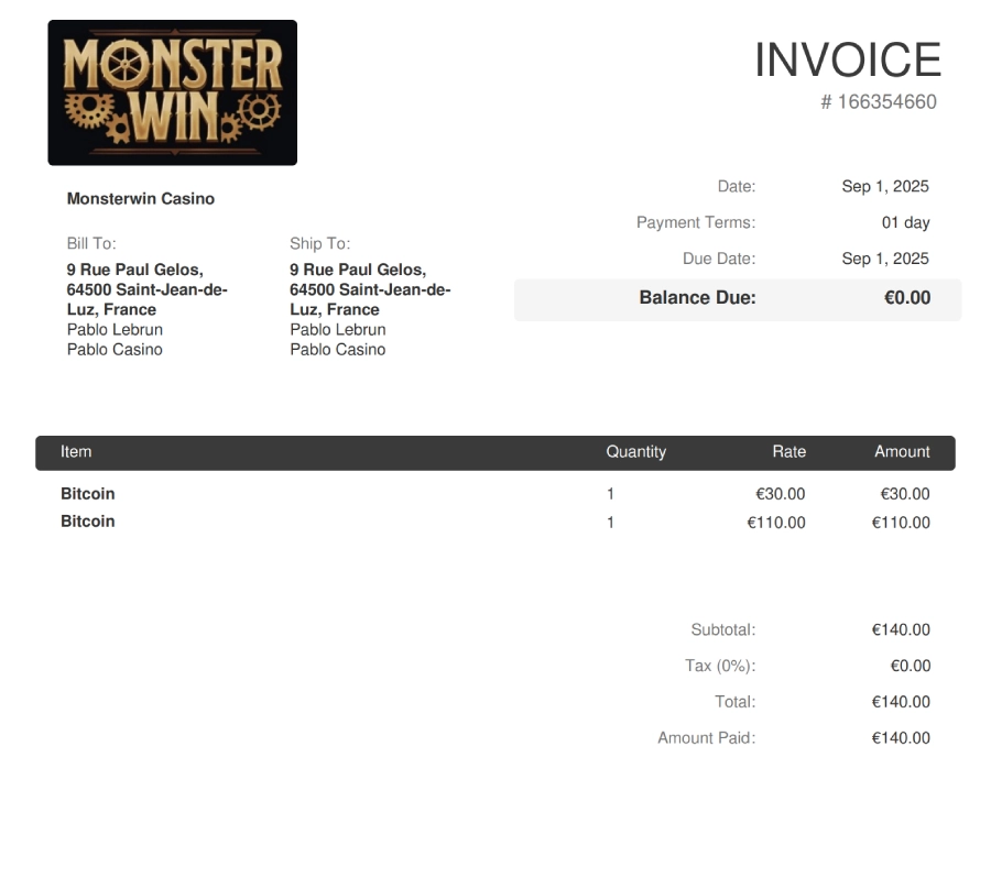 Preuve de retrait sur Monsterwin