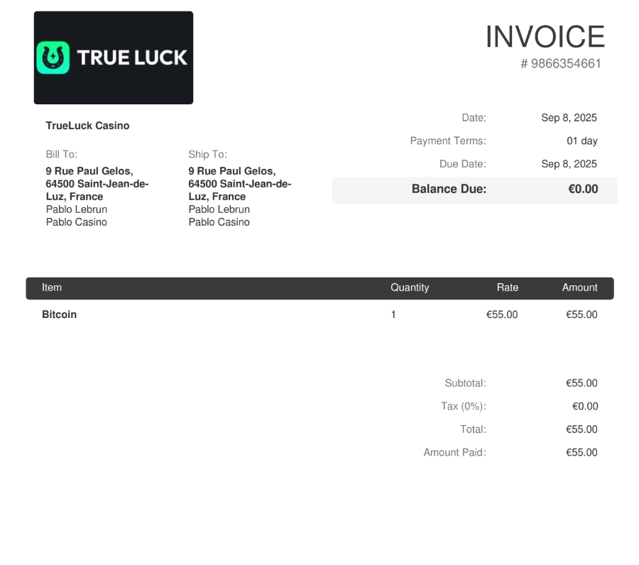 Preuve de retrait sur TrueLuck