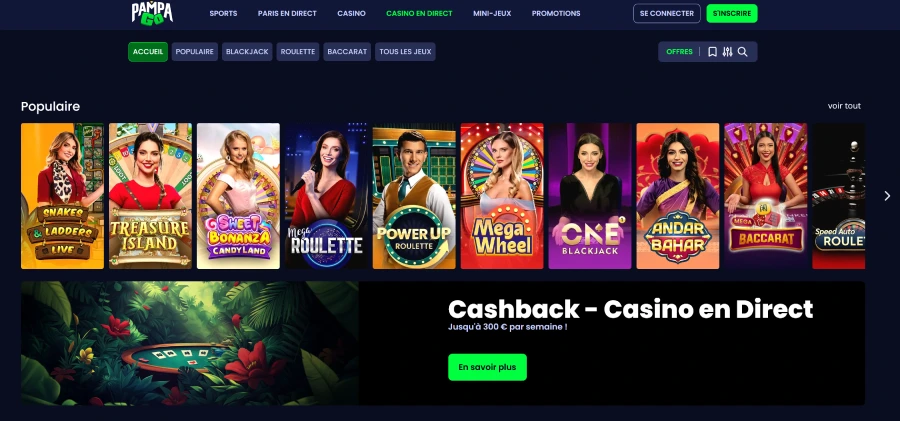 Capture d'écran des jeux en direct sur Pampago