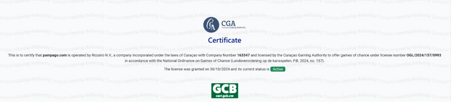 Capture d'écran de la licence du casino Pampago