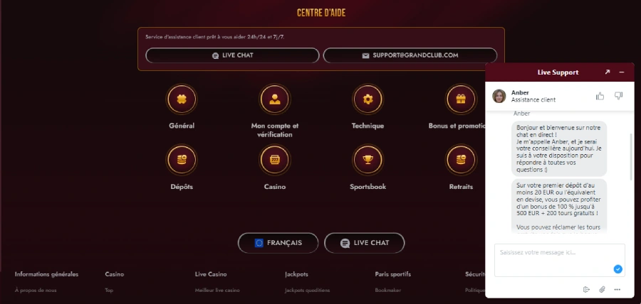 Echange avec le service client sur Grandclub