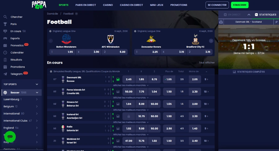 Capture d'écran de la section des paris sportifs sur Pampago