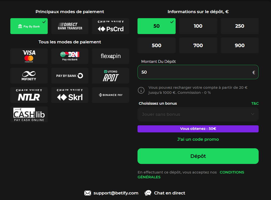 faire un dépôt sur betify étape 3