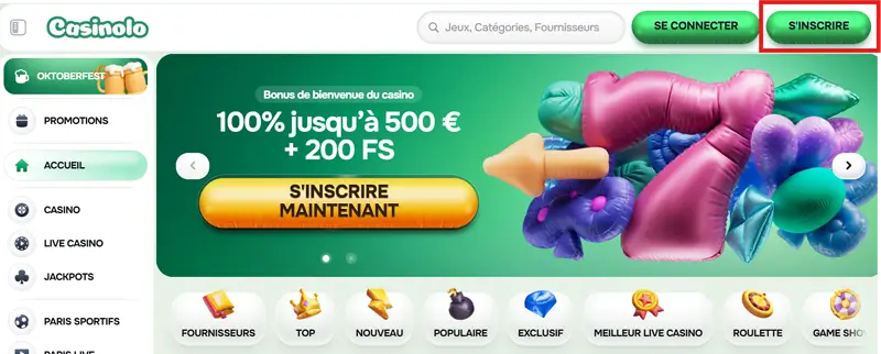 étape 1 inscription casinolo