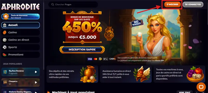 inscription étape 1 aphrodite casino