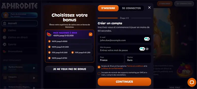 inscription étape 2 aphrodite casino
