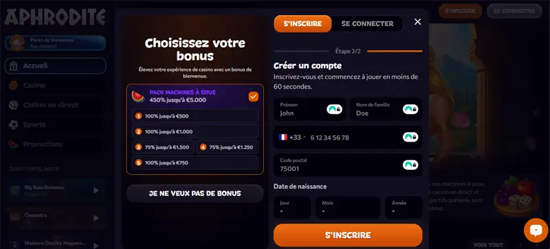 inscription étape 3 aphrodite casino