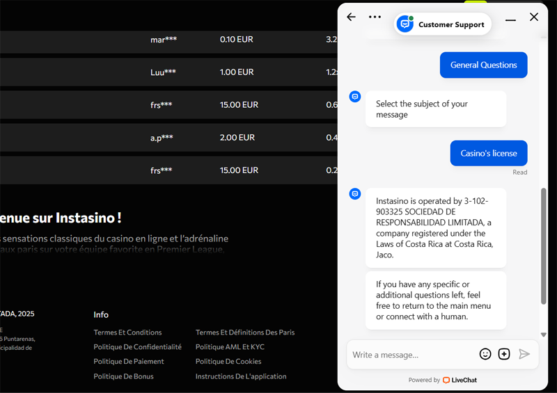 service client instasino