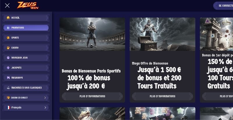 Screenshot bonus de bienvenue paris sportif sur ZeusWin
