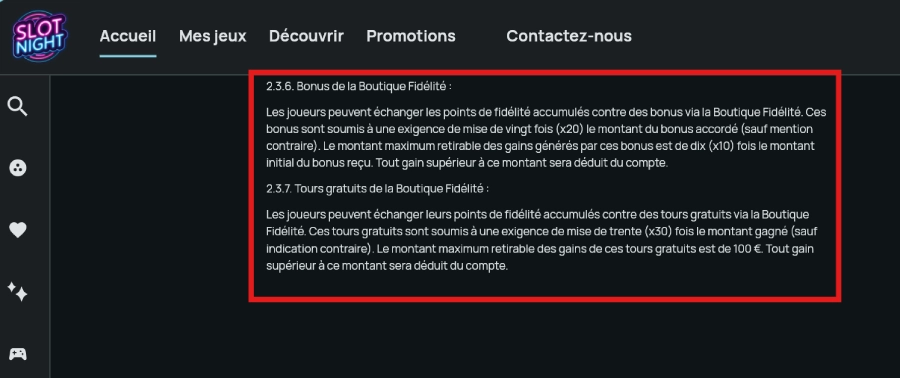 Boutique de fidélité SlotNight