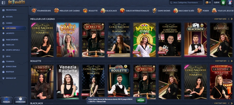 Casino live sur Betwarts