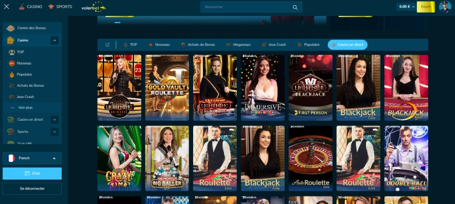 Casino live sur Volerbet