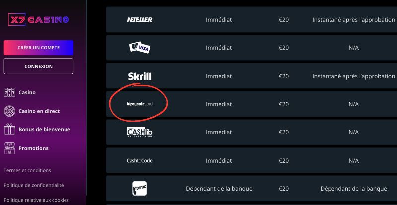 Preuve méthode de paiement Paysafecard sur X7 casino