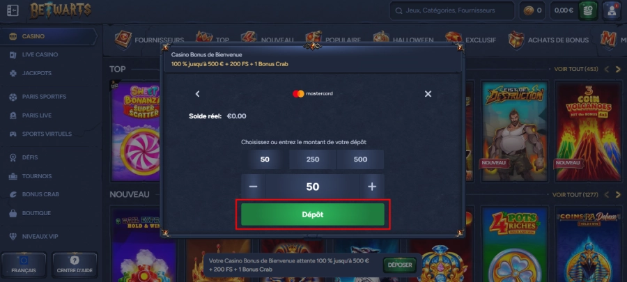 Faire un dépôt sur Betwarts étape4