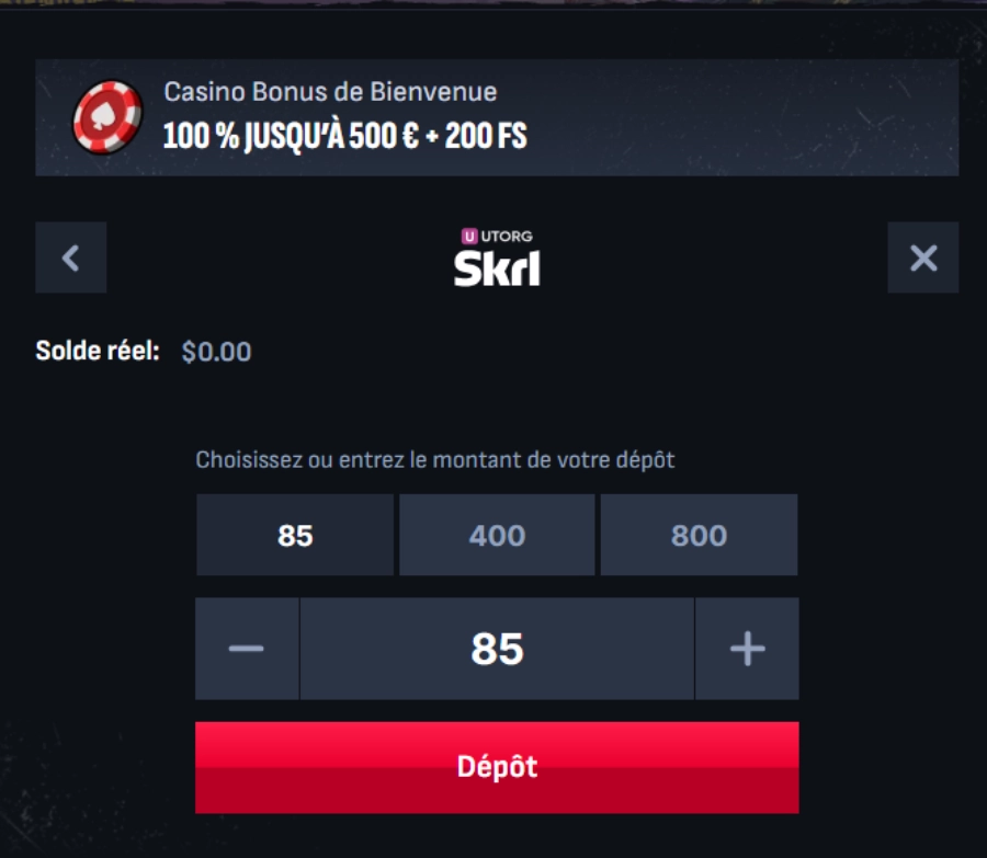 Faire un dépôt sur un casino Skrill étape4