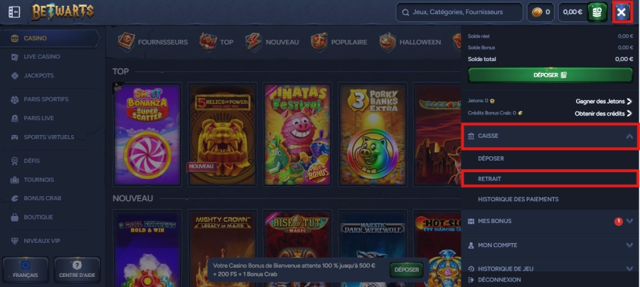 Faire un retrait sur Betwarts étape2