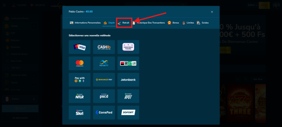 Faire un retrait sur Volerbet étape1