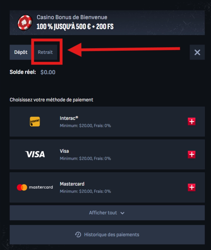 Faire un retrait sur un casino Skrill étape1