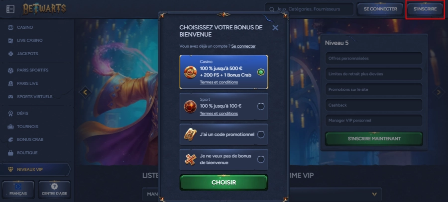 Inscription sur Betwarts étape1