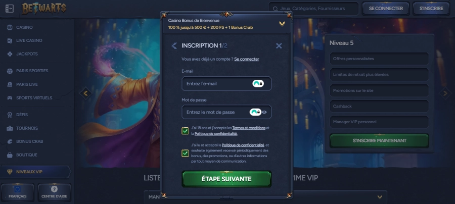 Inscription sur Betwarts étape2