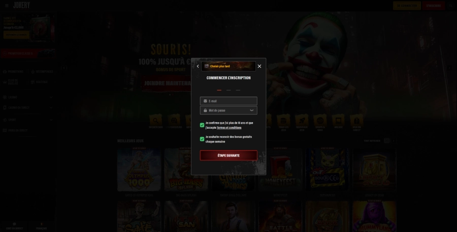 Inscription sur jokery Casino étape3