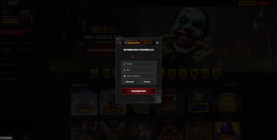 Inscription sur jokery Casino étape4