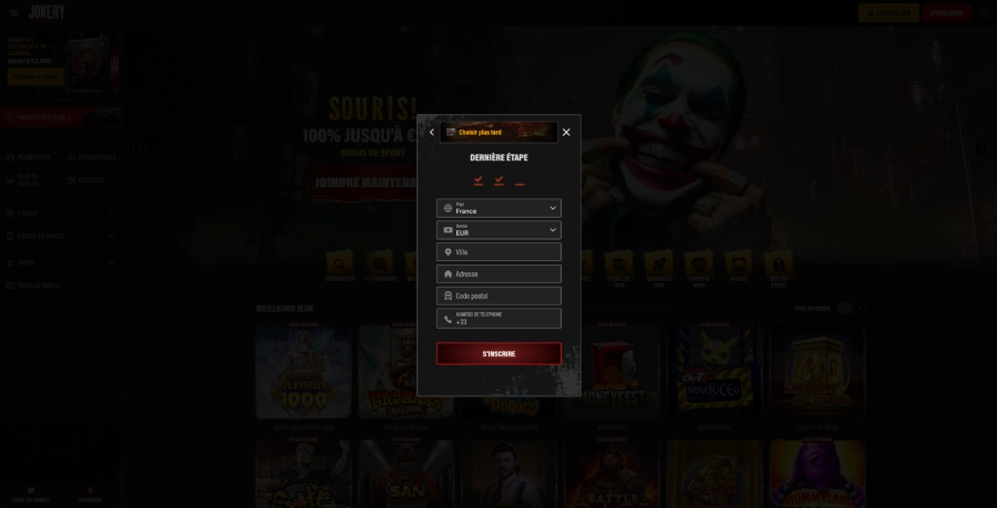 Inscription sur jokery Casino étape5