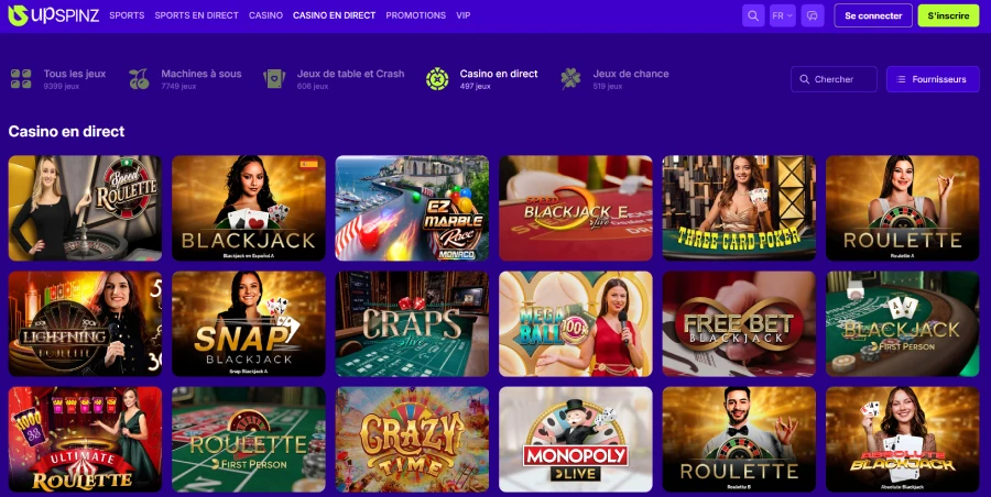 Jeux en direct sur Upspinz