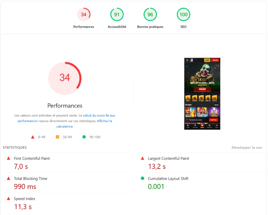 Performance de Jokery sur mobile