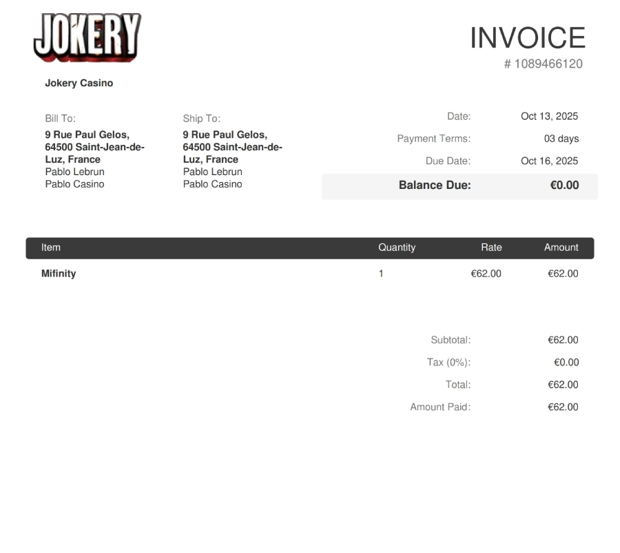 Preuve de retrait sur Jokery