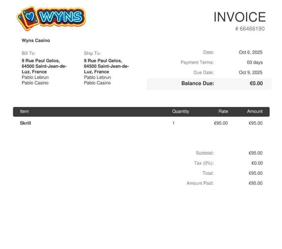 Preuve de retrait sur Wyns