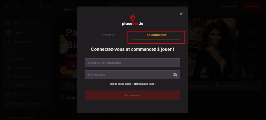 Faire un dépôt étape 1 PlaceBet