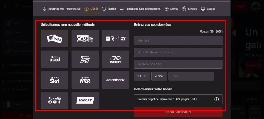 Faire un dépôt étape 3 PlaceBet