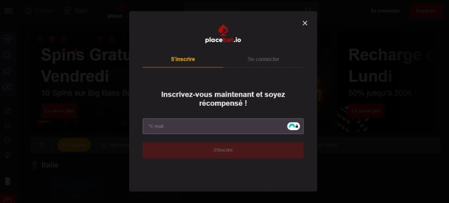 Inscription étape 1 PlaceBet