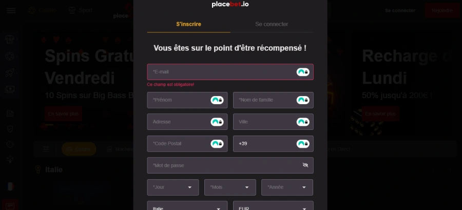 Inscription étape 2 PlaceBet