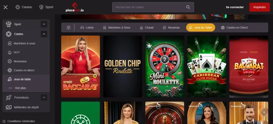 Jeux de table sur PlaceBet