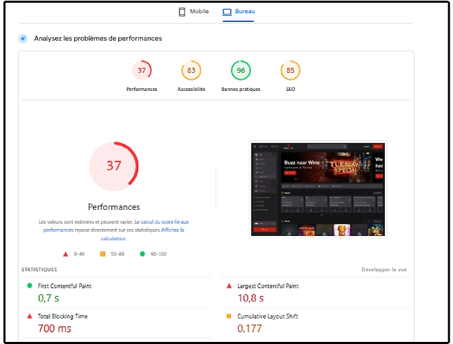 Performance sur ordinateur de PlaceBet