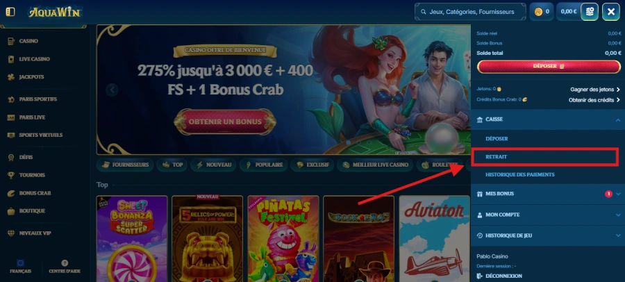 Retrait sur Aquawin étape 1