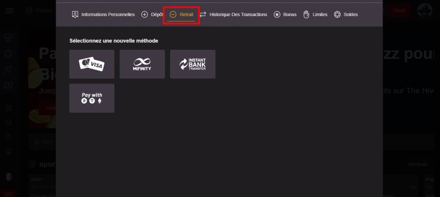 Faire un retrait étape 2 PlaceBet