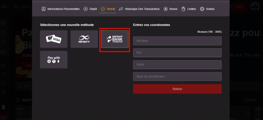 Faire un retrait étape 3 PlaceBet